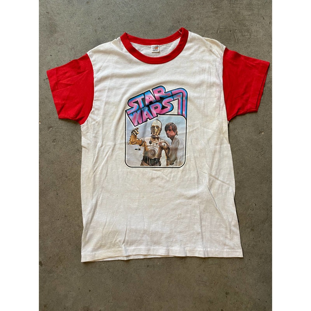 1977 - Vintage Star Wars A New Hope Movie Promo Tee Ringer 70s Hanes Tag - M/L